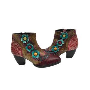 Gracosy Multi-Color Floral Vintage Leather Heeled Ankle Zip Boots